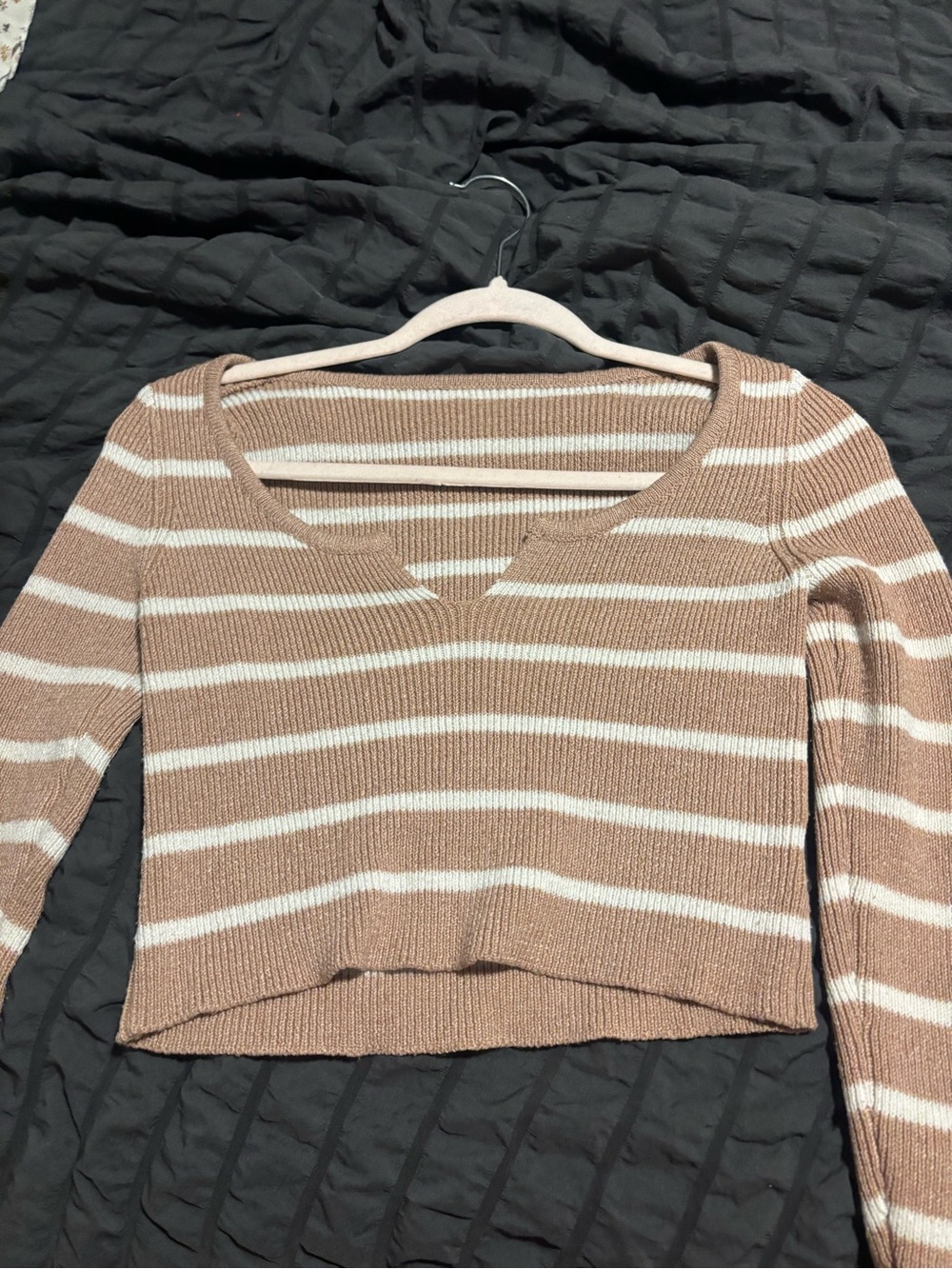 SHEIN Striped V-Neck Cropped Knit Top in Brown and Cream